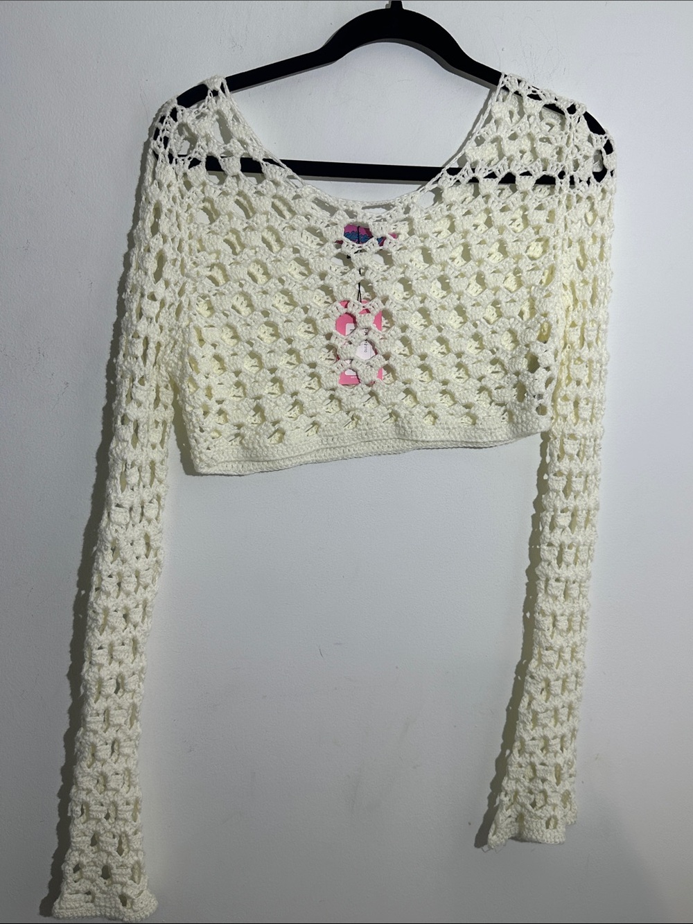 Edikted Cream Crochet Long-Sleeve Crop Top